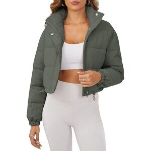 〽️Women's Green Ogfao Cropped Puffer Long Quilted Padded Pockets Jacket